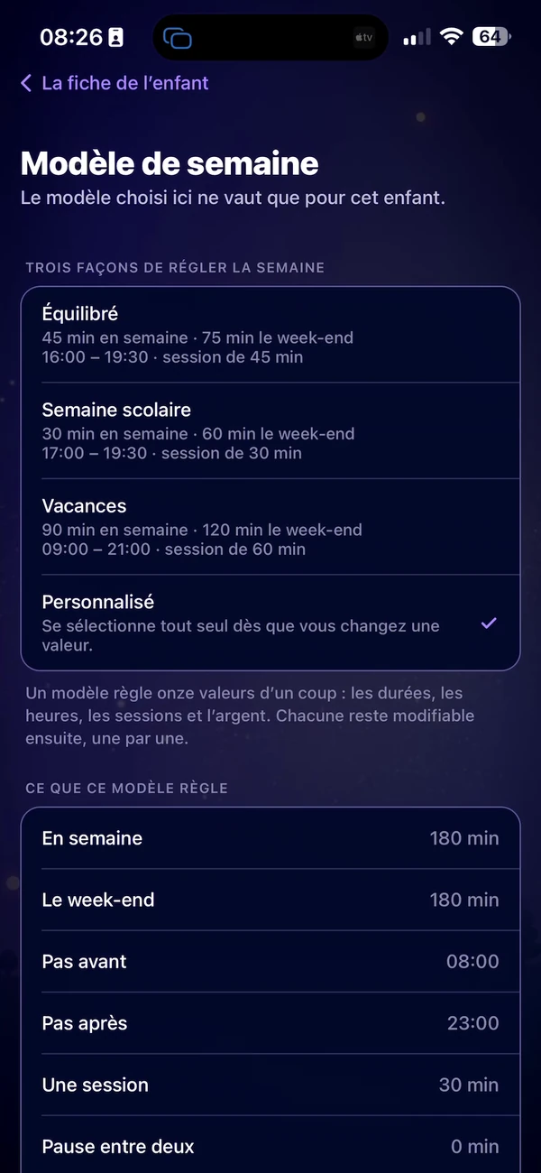 Les modèles de semaine et les limites de jeu sur iPhone