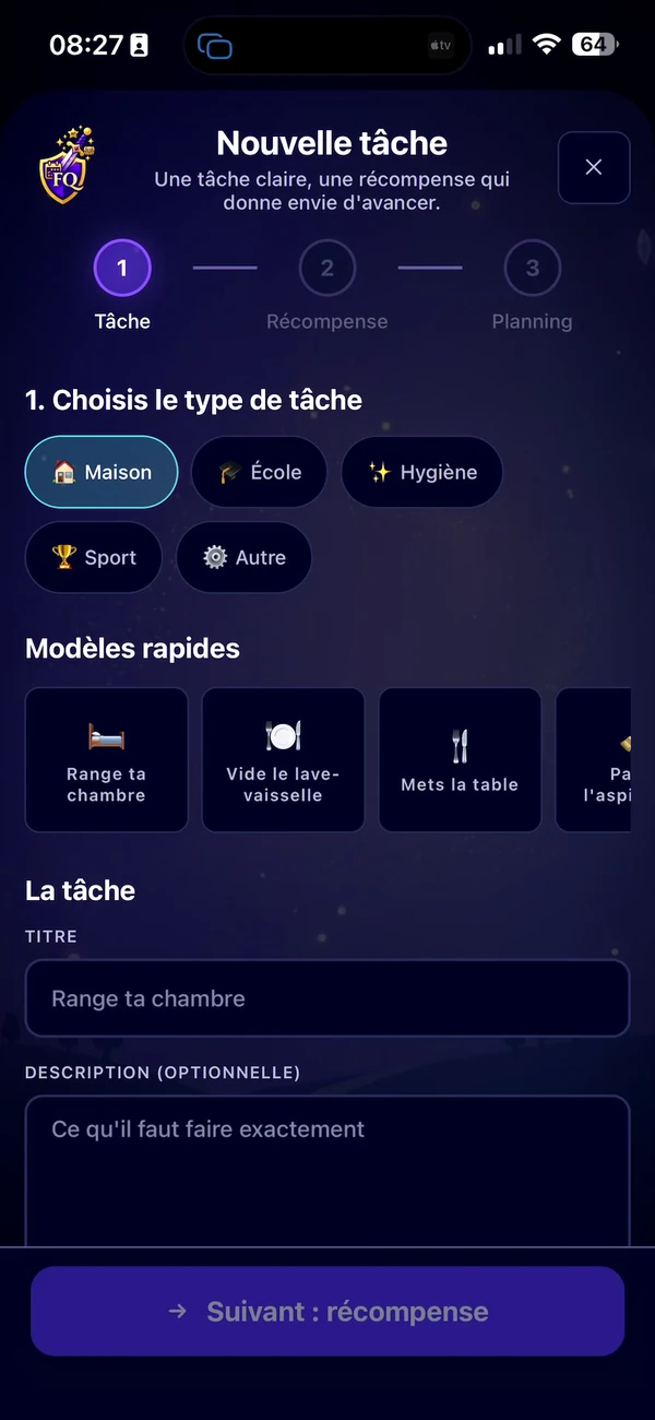 Créer une tâche depuis l’espace parent sur iPhone